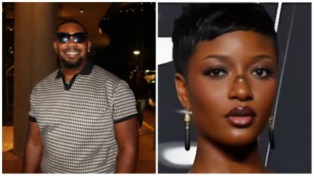 Nigerian music executive Don Jazzy smiles in sunglasses while wearing a patterned shirt, placed beside a close-up portrait of singer Ayra Starr in elegant makeup and earrings.