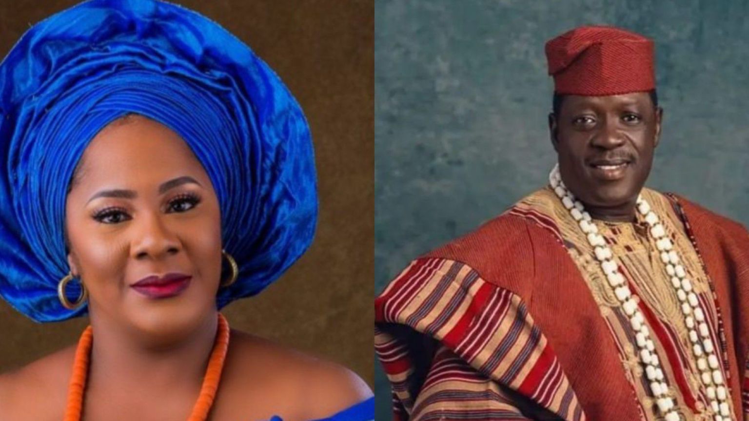 Nigerian broadcaster Doyin Kukoyi in a bright blue gele and attire, smiling confidently, pictured beside veteran Yoruba actor Taiwo Hassan, popularly known as Ogogo, dressed in traditional Yoruba agbada with red cap and beads.
