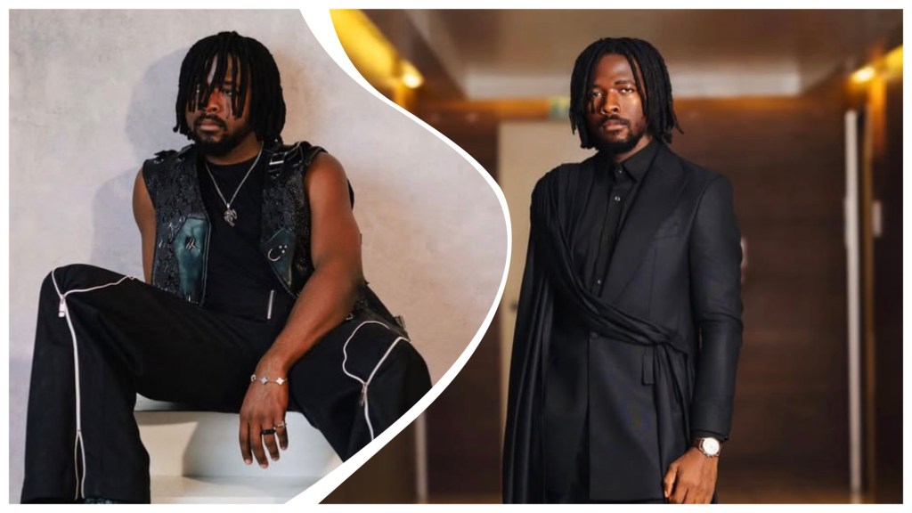 Nigerian singer Johnny Drille seated in a black leather vest and black trousers with white piping, also him standing in a sleek all-black suit with a draped sash and wristwatch in a warm-lit hallway.