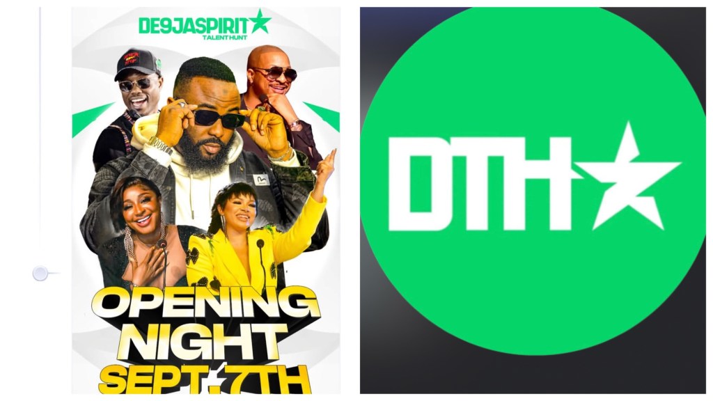 Promotional poster for De9jaspirit Talent Hunt opening night on 7 September, showing five smiling judges, a central bearded man adjusting sunglasses, bold text “OPENING NIGHT SEPT. 7TH,” and the green star DTH branding.