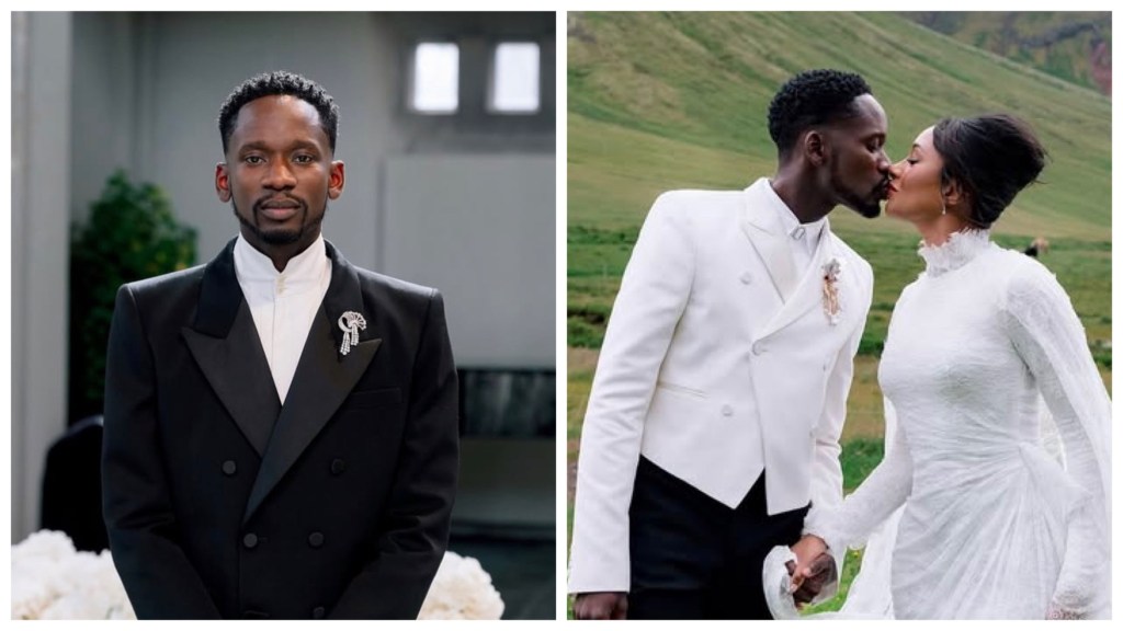Mr Eazi in a black tuxedo poses indoors; right, Mr Eazi in a white tuxedo kisses his bride Temi Otedola in a long-sleeve white dress on a green hillside
