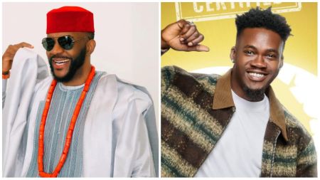 Side-by-side photo collage of Ebuka Obi-Uchendu and BBNaija housemate Jason. On the left, Ebuka smiles while dressed in a grey agbada with coral beads, a red cap, and dark sunglasses. On the right, Jason beams in a casual striped jacket layered over a white T-shirt, striking a playful pose with his fist raised.