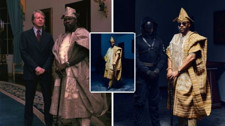 Former Nigerian president Olusegun Obasanjo stands with U.S. president Jimmy Carter in a historic photo. Beside it, BBNaija host Ebuka Obi-Uchendu recreates Obasanjo’s agbada look, holding a staff while posing next to the masked BBNaija Ninja.