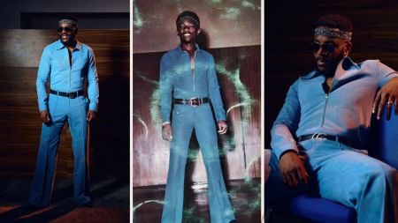 Ebuka Obi-Uchendu channels a retro style in a blue flared suit with a zipper front and Gucci belt, paired with sunglasses and a headband. He strikes different poses, including a standing shot and a seated one. At the centre, a vintage photo of late Nigerian music legend Sunny Okosun shows him in a strikingly similar blue flared outfit with the same belt style, creating a fashion homage across generations.