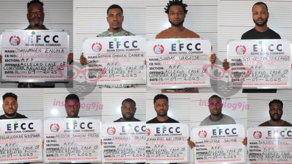 Collage of ten men standing against a height wall, each holding an EFCC Benin Zonal Command charge board that reads “alleged case of computer-related fraud.” A pink “instablog9ja” watermark appears across the images.