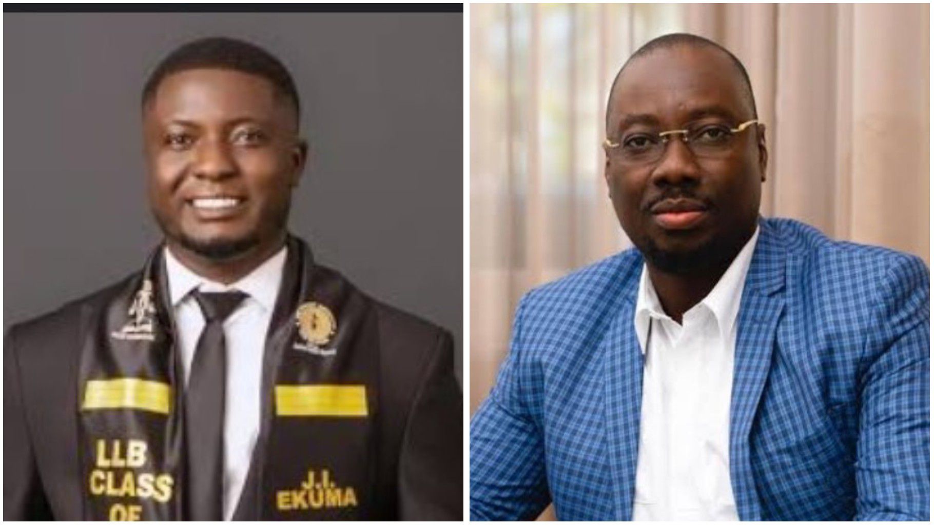 Side-by-side photo collage of Nigerian philanthropist Ekuma Jeremiah in a graduation gown with an "LLB Class" sash, and businessman Obi Cubana in a blue checkered suit jacket, white shirt, and glasses, looking into the camera