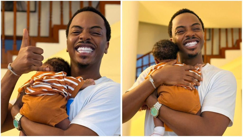Nigerian content creator Elioluwa beams with joy as he carries baby Rakeem in his arms, smiling widely and showing a thumbs-up in one photo, while hugging the baby close to his chest in the other.