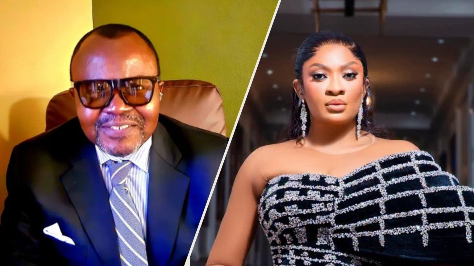 Nigerian lawyer Emeka Ugwuonye, dressed in a suit and glasses, smiles for the camera while May Yul Edochie, in an elegant black and silver off-shoulder gown, poses gracefully.