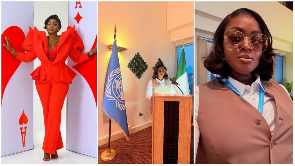 Nigerian actress Eniola Badmus in three looks. In the first photo, she wears a bold red suit with dramatic sleeves, posing between giant playing card props. The second photo shows her at a podium with UN and Nigerian flags behind her. The third is a close-up selfie where she wears glasses, a white shirt, and a brown vest with a UN lanyard.