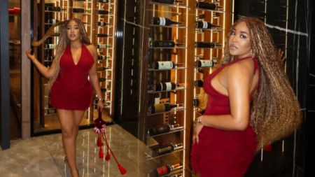 Collage of actress Erica Nlewedim in a fitted red mini dress with long braids. On the left, she poses walking confidently beside a wall of wine bottles, holding a red tasselled purse. On the right, she turns slightly, showing her side profile with flowing hair and bold makeup.