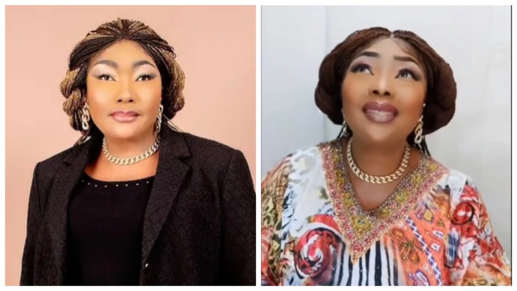 Actress Eucharia Anunobi in a black blazer with a braided updo and gold chain, a video still in a colourful kaftan, looking upward with matching gold jewellery