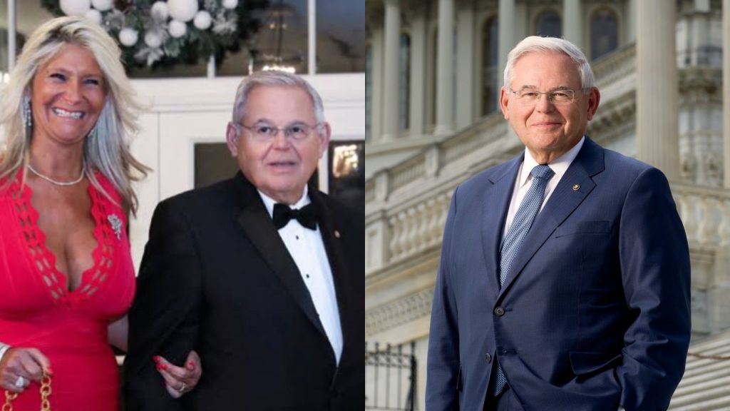 Senator Bob Menendez poses with his wife Nadine Menendez at a formal event, alongside another portrait of the senator standing outside the U.S. Capitol in a blue suit.