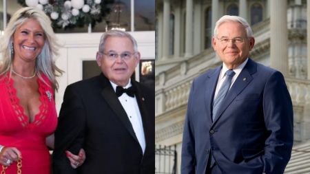 Senator Bob Menendez poses with his wife Nadine Menendez at a formal event, alongside another portrait of the senator standing outside the U.S. Capitol in a blue suit.