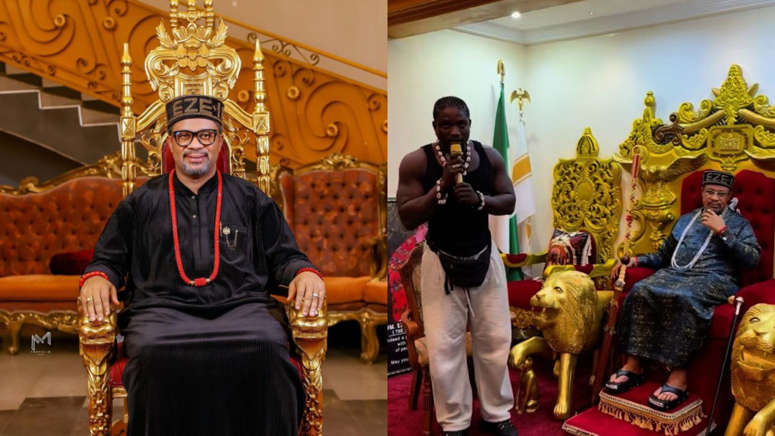 Eze Ndigbo Ghana (HRM. Eze Dr Chukwudi Jude Ihenetu) standing and speaking into a microphone beside people seated under a tent, during the announcement of plans to build an Igbo Village in Ghana.