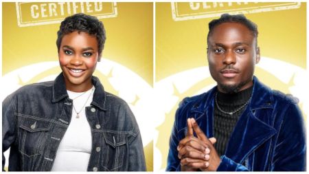 Side-by-side portraits of BBNaija housemates Faith and Dede. Faith smiles in a denim jacket over a white top, while Dede poses in a deep blue velvet jacket with hands clasped.
