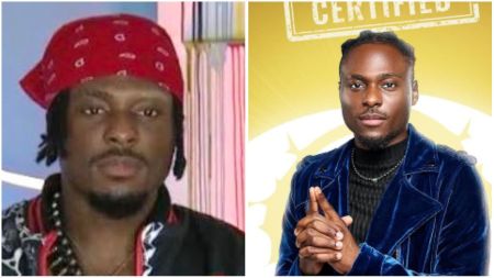 BBNaija Season 10 housemate Faith pictured in two different moments, wearing a red bandana in one image and a blue velvet jacket in the other.