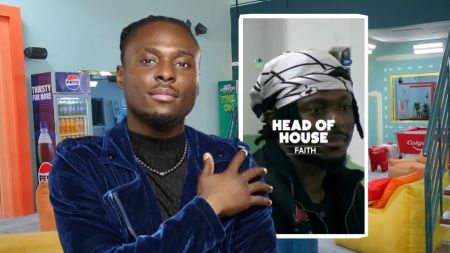 BBNaija Season 10 housemate Faith, dressed in a dark velvet jacket, poses confidently inside the house. An inset shows him crowned as Head of House, wearing a white patterned headscarf.