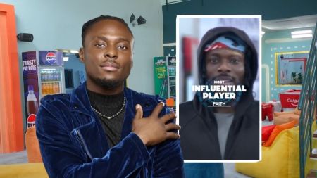 BBNaija Season 10 star Faith poses confidently in a blue velvet jacket, while an inset shows him crowned as “Most Influential Player” during the show.