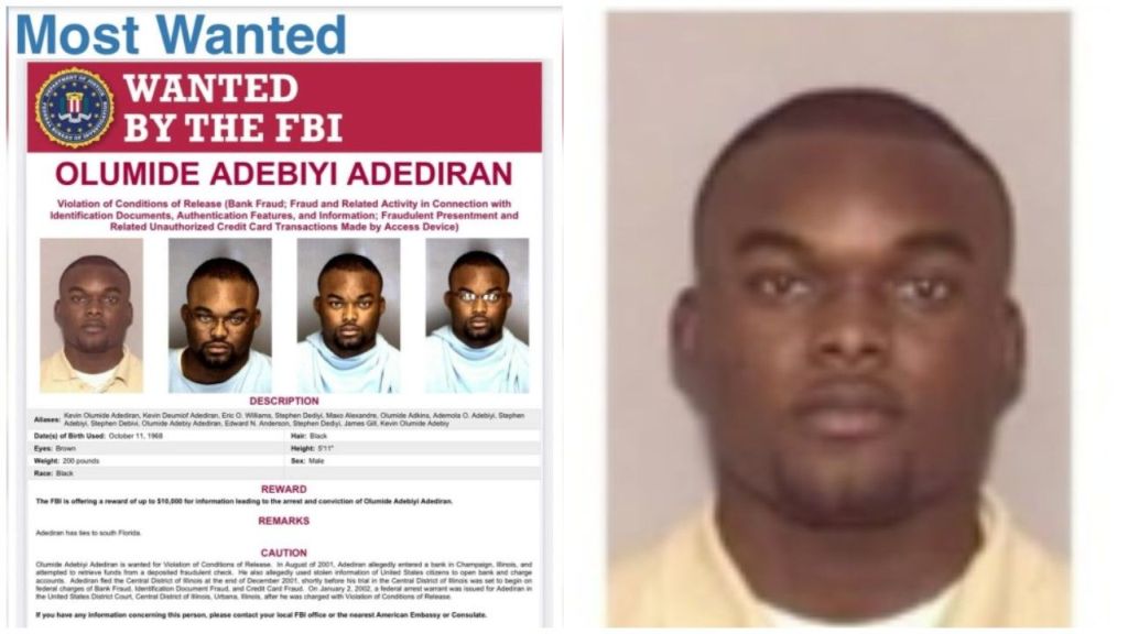FBI “Most Wanted” poster of Olumide Adebiyi Adediran showing multiple mugshots, full name, aliases, physical description, and details of charges including bank fraud and credit card fraud. A close-up image of Adediran is displayed on the right.