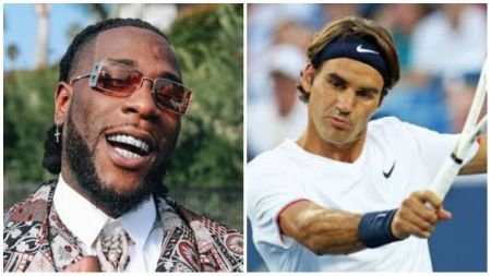 Nigerian singer Burna Boy smiles in patterned suit and shades, beside tennis legend Roger Federer focused during a match in white Nike gear.