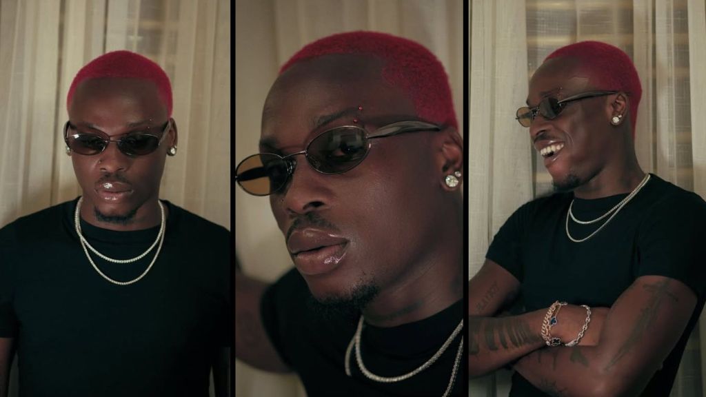 Nigerian singer Fireboy DML spotted with a bold new red hairstyle, wearing dark sunglasses, a black t-shirt, silver chains, and earrings, captured in three stylish close-up shots.