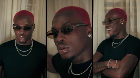 Nigerian singer Fireboy DML spotted with a bold new red hairstyle, wearing dark sunglasses, a black t-shirt, silver chains, and earrings, captured in three stylish close-up shots.