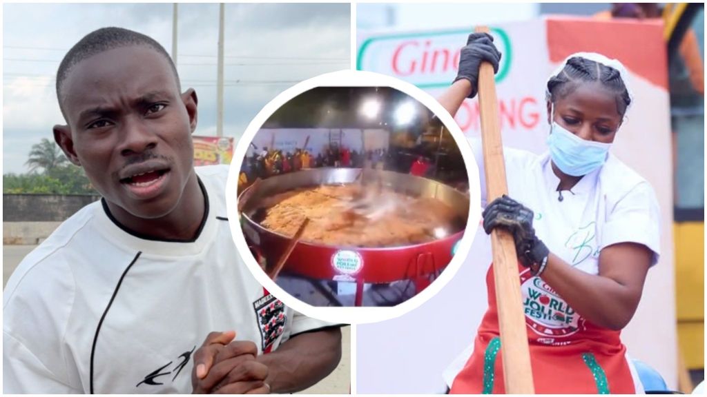 Geh Geh reacts as chef Hilda Baci stirs a giant pot of jollof rice during her record-breaking cooking challenge.