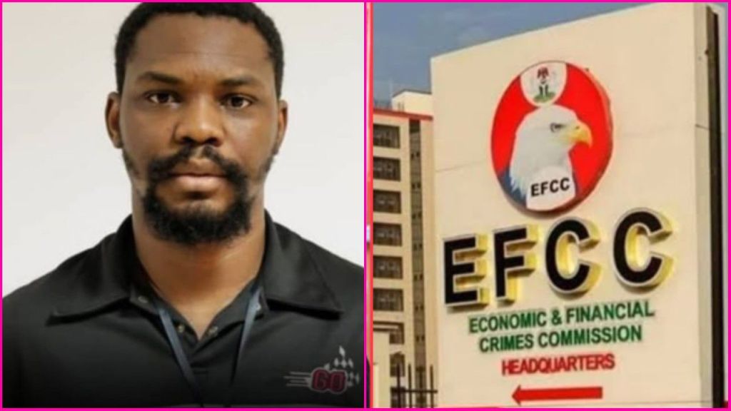 Side-by-side collage showing a portrait of a man identified as Godslove on the left, and the EFCC (Economic and Financial Crimes Commission) headquarters building with its official logo on the right.