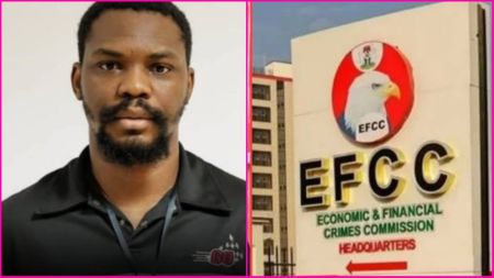 Side-by-side collage showing a portrait of a man identified as Godslove on the left, and the EFCC (Economic and Financial Crimes Commission) headquarters building with its official logo on the right.