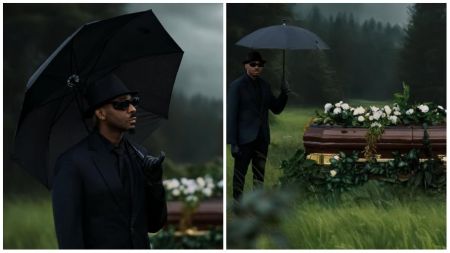 Split image showing Pretty Mike of Lagos dressed in all black with a hat, gloves, sunglasses, and holding an umbrella on the left, and him standing beside a brown coffin decorated with white flowers and greenery in an outdoor burial setting on the right.