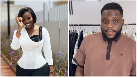 Dapper (Hilda Baci’s fiancé and music label boss) and Hilda Baci pictured separately: Hilda smiling in a white top, and Dapper wearing a brown polo, in a setting that reflects the ongoing artist-contract controversy.