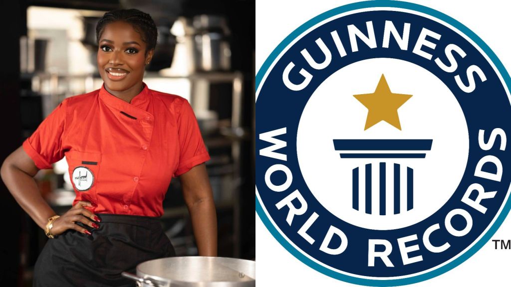 Split image showing Nigerian chef Hilda Bassey smiling in a red chef’s uniform on the left, and the Guinness World Records logo with a gold star and column design on the right.