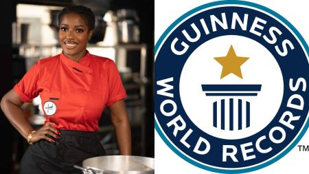 Split image showing Nigerian chef Hilda Bassey smiling in a red chef’s uniform on the left, and the Guinness World Records logo with a gold star and column design on the right.