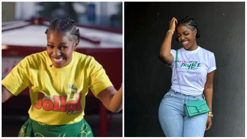 Nigerian chef and Guinness World Record holder Hilda Baci pictured smiling in two different shots — one in a yellow “Jollof” T-shirt during a food event, and another in casual wear with jeans, white T-shirt, green sneakers, and a matching green bag.