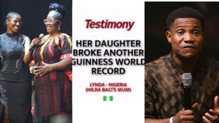 Hilda Baci and her mother standing together with Pastor Jerry Eze during a testimony session, celebrating her Guinness World Record achievement.