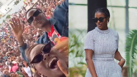 Nigerian chef and Guinness World Record holder Hilda Baci pictured with fans at a crowded outdoor event, waving and smiling, and in another photo posing stylishly in a chic outfit.