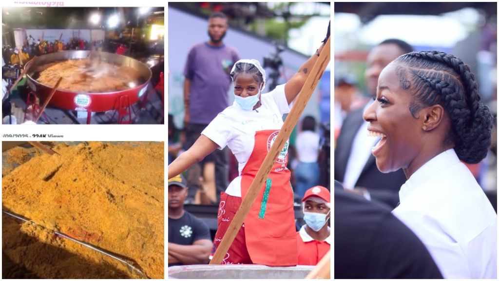 Nigerian chef and Guinness World Record holder Hilda Baci is pictured completing her jollof rice challenge. The collage shows giant pots of steaming jollof rice, heaps of cooked rice, Hilda stirring with a massive wooden paddle while wearing a mask and apron, and her smiling with excitement during the event.
