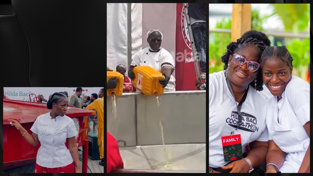 Hilda Baci standing close to the giant pot with the Gino logo on it, her mom helping her pour oil into the giant pot and live up image of them both