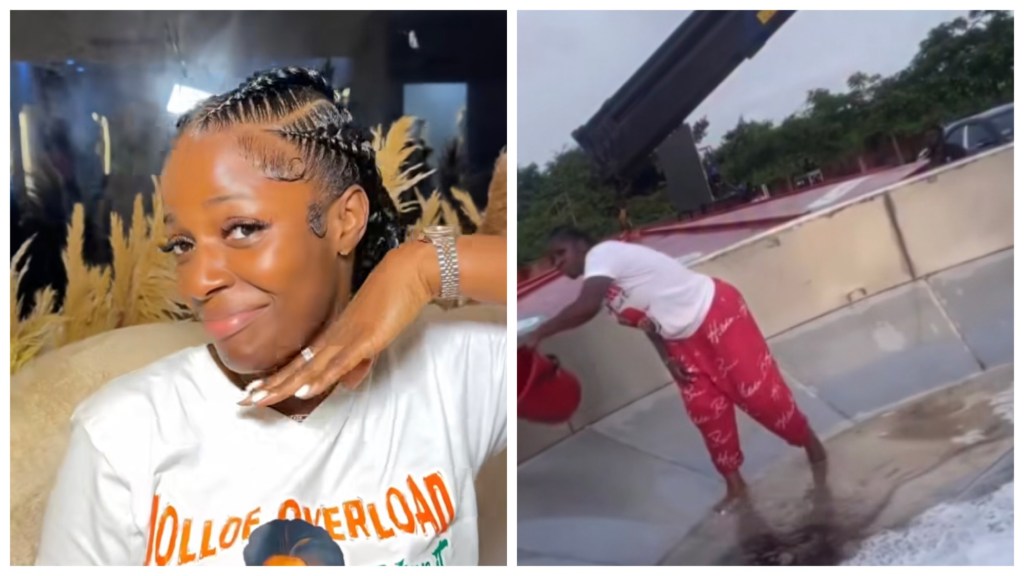 Chef Hilda Baci smiles in a “Jollof Overload” T-shirt; right, she washes a giant steel cooking pot barefoot with a red bucket outdoors