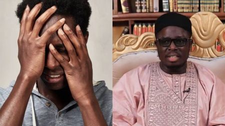 A split image showing two scenes. On the left, a distressed man covers his face with both hands, appearing overwhelmed. On the right, a Hisbah commander sits indoors, dressed in a traditional light pink embroidered kaftan and black cap, speaking in front of shelves filled with books.