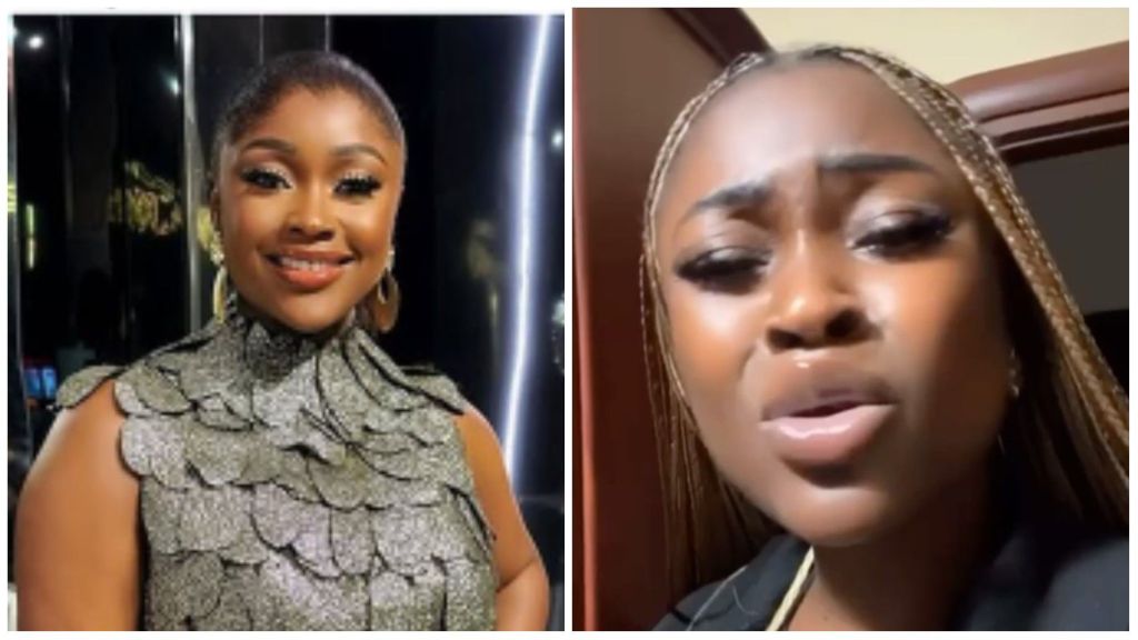 Side-by-side images of Nigerian actress Iheme Nancy; on the left, she smiles in a sleeveless silver embellished dress, and on the right, she appears emotional while speaking in a casual setting.