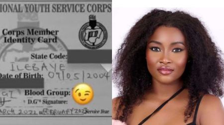 Side-by-side image showing an NYSC identity card bearing the name "Ilebaye" with date of birth listed as 2004, next to a portrait of reality TV star Ilebaye in a black top with curly hair.