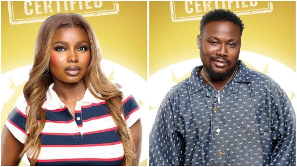 BBNaija Season 10 housemates Imisi and Kaybobo pose separately against a golden background with the show’s “Certified” stamp above them. Imisi wears a striped polo shirt while Kaybobo wears a patterned button-up shirt.