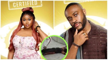 Side-by-side image of BBNaija housemates Imisi and Kola, with a small inset showing Imisi lying on the floor during a moment in the house.