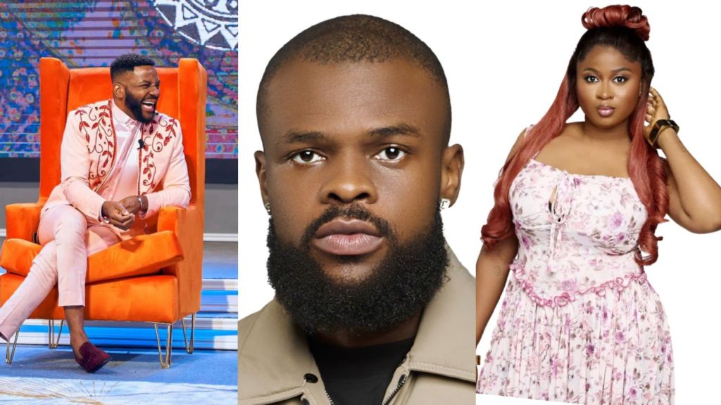 Collage of BBNaija figures. On the left, host Ebuka Obi-Uchendu sits on an orange chair in a peach suit with red embroidery, smiling during a live show. In the centre is Denari’s portrait with a serious face, trimmed beard, and beige outfit. On the right, housemate Imisi poses in a floral dress with red hair styled in a top bun.