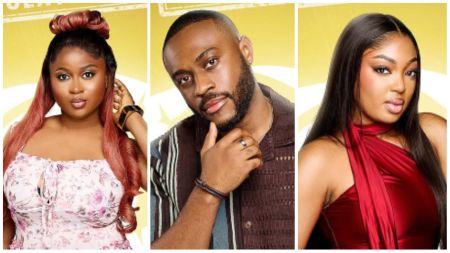 Side-by-side collage of BBNaija housemates Imisi, Kola, and Mide, all posing in their official portraits against a yellow background.