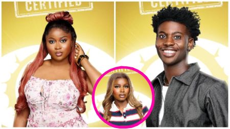 Side-by-side portraits of BBNaija housemates Imisi in a pink floral dress, Koyin in a dark jacket smiling, and Isabella in a circular inset wearing a striped polo top, all set against the show’s yellow backdrop.
