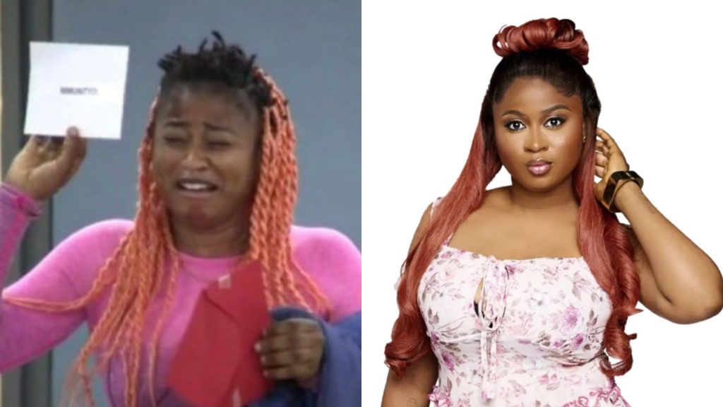 Side-by-side photos of BBNaija Season 10 housemate Imisi. On the left, she is emotional in a pink outfit, holding a card in tears. On the right, she poses in a floral dress with long red hair styled in a top bun, looking composed and confident.