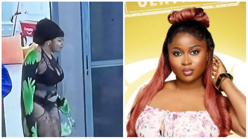 Side-by-side photos of BBNaija star Imisi. Left: Imisi in a sheer black and green outfit walking indoors. Right: Imisi posing in her official Big Brother Naija portrait, wearing a floral top with styled hair.