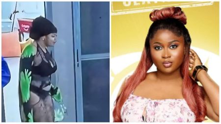 Side-by-side photos of BBNaija star Imisi. Left: Imisi in a sheer black and green outfit walking indoors. Right: Imisi posing in her official Big Brother Naija portrait, wearing a floral top with styled hair.